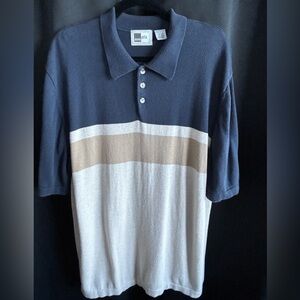 Men's Studio ALX large off-white, navy blue polo shirt with light brown stripe.